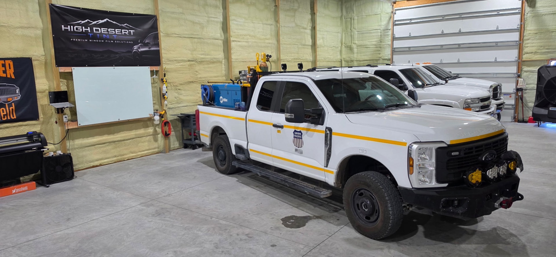White Ford F-250 Super Duty Union Pacific work truck with fresh window tint at High Desert Tint