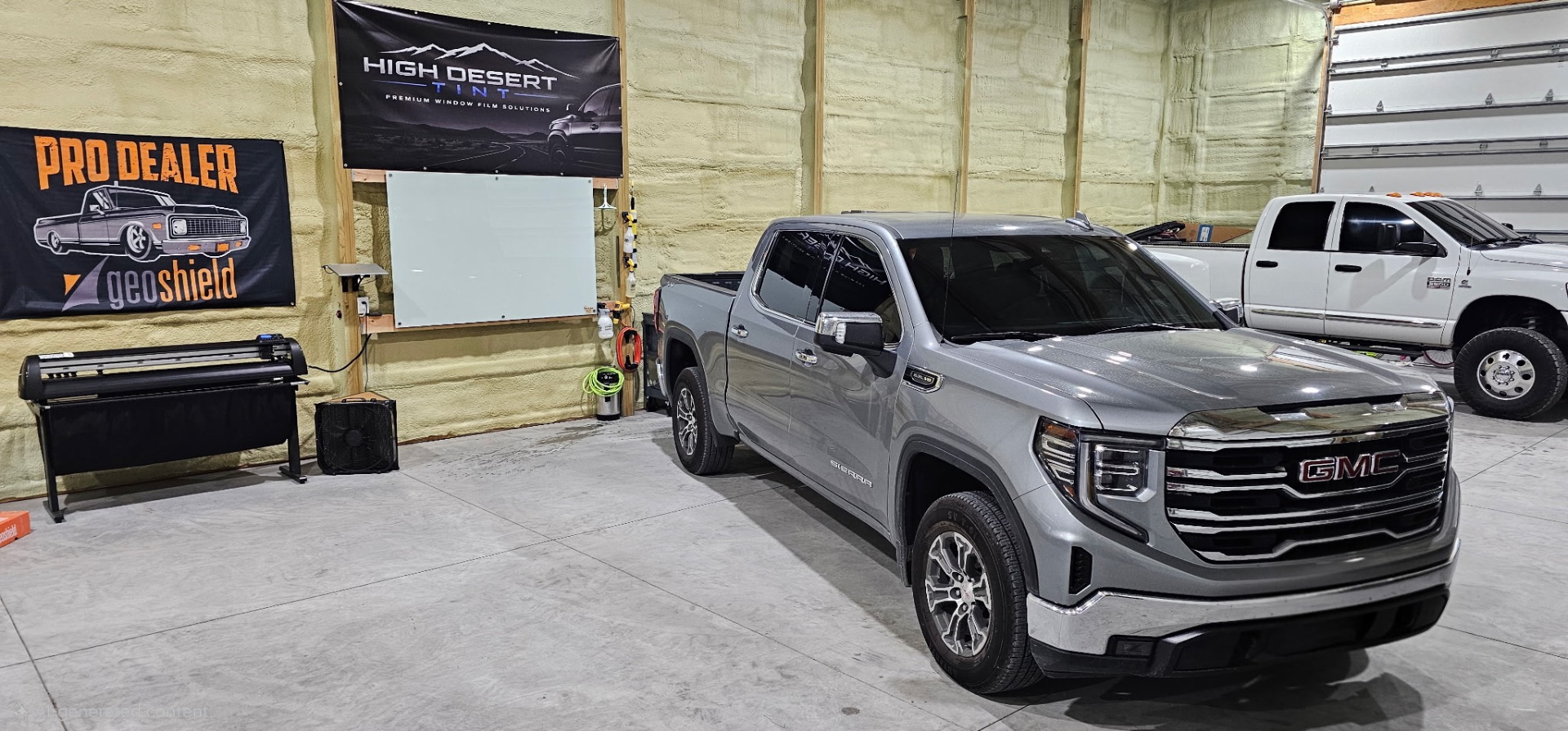 Silver GMC Sierra SLT parked in the High Desert Tint shop after tint installation